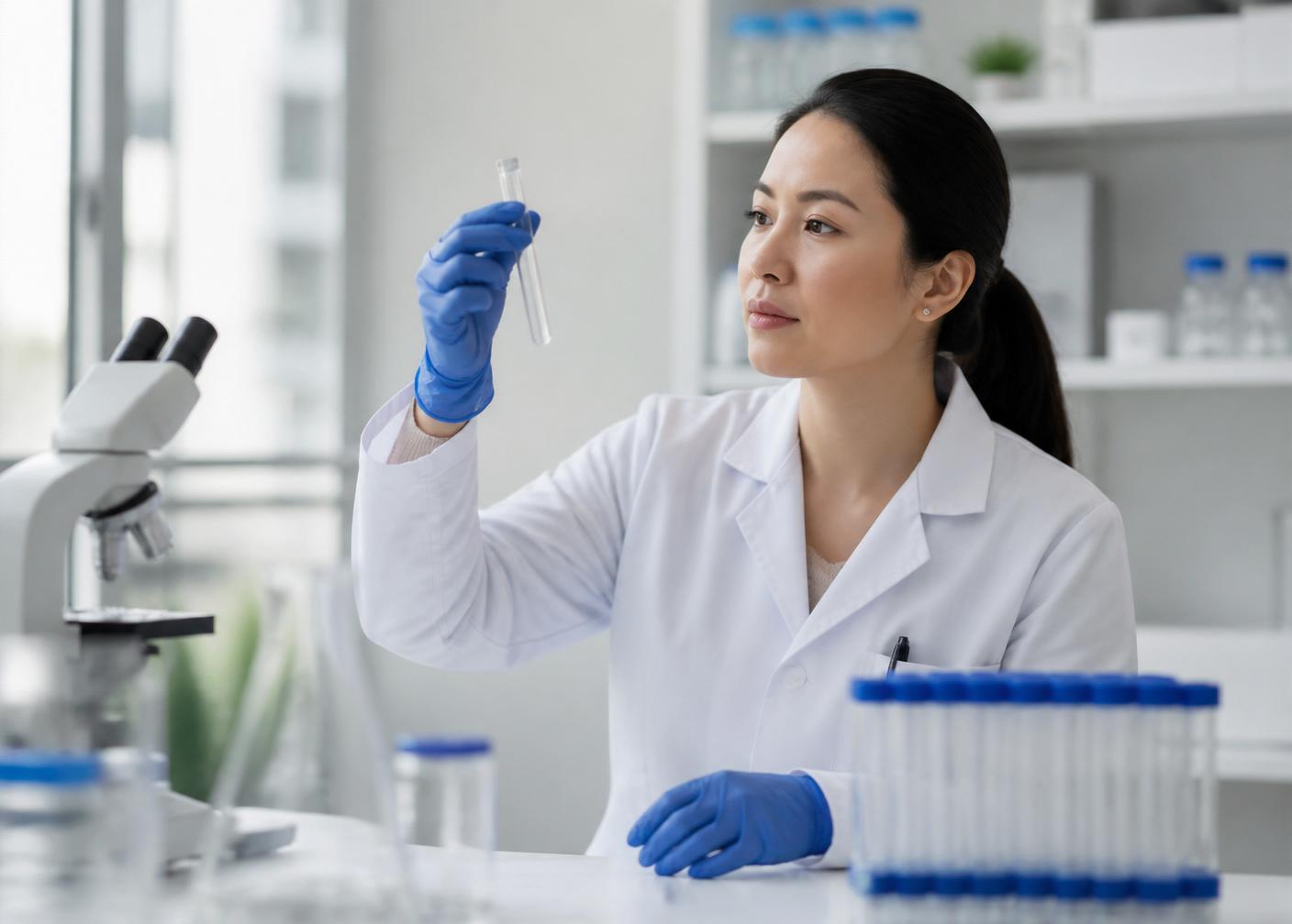 Laboratório com profissional usando luvas
